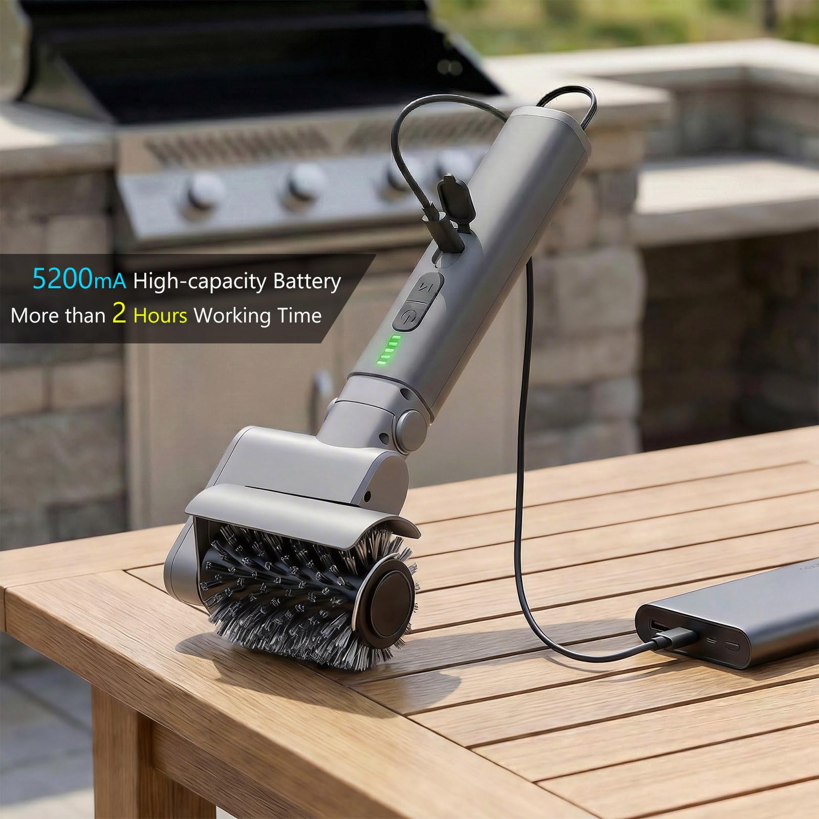 Kit de Cepillo Eléctrico para Barbacoa 3 en 1 – Limpiador de Parrilla Inalámbrico con Cabezales de Metal Reforzados – 2 Horas de Batería, Impermeable y Apto para Lavavajillas – Color Gris Claro