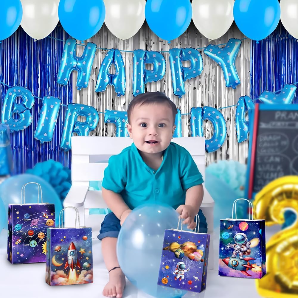 JOYGATHER 24 Pcs Astronaut Party Favor Bags with Handles - Space Galaxy Themed Solar Eclipse Goodie Gift Candy Kraft Paper Bags for Kids Birthday Party Supplies Decorations