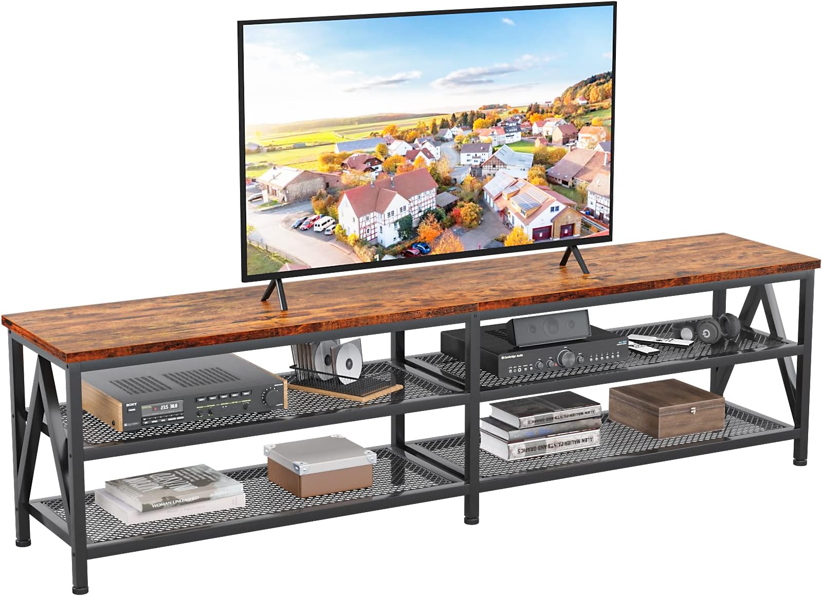 Furologee TV Stand for 75 80 inch TV, Extra Long 71" Entertainment Center, Industrial TV Console Table with 3 Tiers Open Storage Shelves for Living Room, Bedroom, Rustic Brown