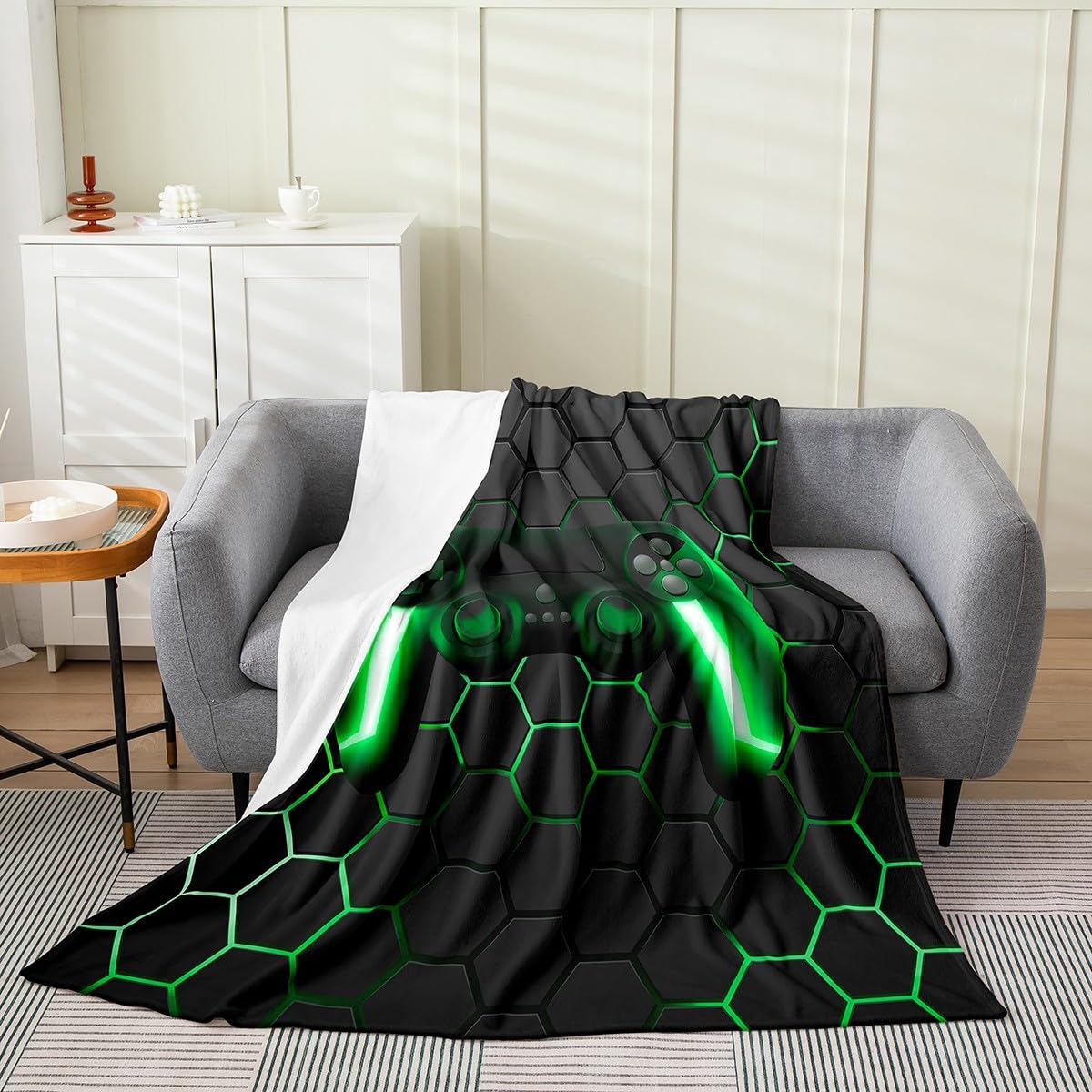 Game Blanket for Boys,Gaming Throw Blanket Twin 60x80,Kids Gamer Neon Lights Gamepad Fleece Blanket for Teen Men Bedroom,Geometry Honeycomb Hexagon Flannel Blanket Sofa Bed Couch Decor,Green Grey
