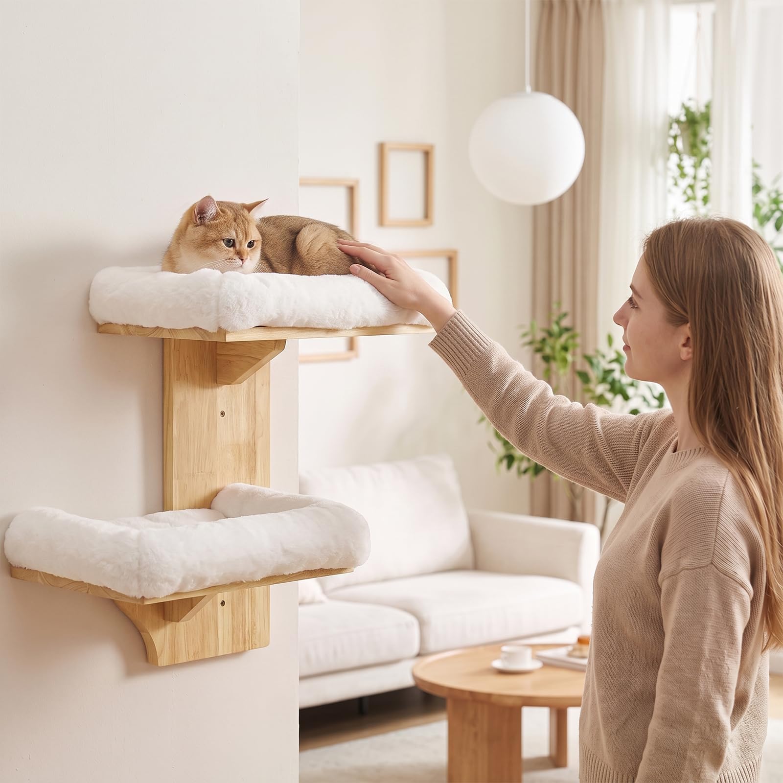 Kletterwand Katze, 40,6 cm Wandmontiertes Katzen, Kleiner Katzenbaum, Doppellagig Plattform-Katzen-Wandmöbel aus Massives Gummiholz,Wandregale zum Klettern, Spielen,Kratzen (Plüsch)