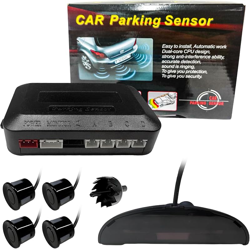 Sensor de aparcamiento para auto, sistema de radar de marcha atrás, advertencia de sonido con 4 sensores de aparcamiento, kit de sensores de aparcamiento de alerta de zumbador de advertencia de detección de distancia LED para la mayoría de los vehículos