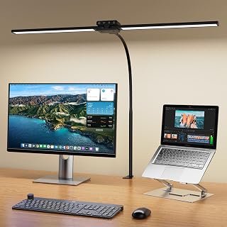KableRika Dimmbare LED Schreibtischlampe Doppelkopf, 24W 80CM 1200 Lumen, mit Klemmhalterung & Schwanenhals, 4 Farbtemperaturen + 4 Helligkeitsstufen, Augenschonend, Schwarz für Homeoffice & Monitor