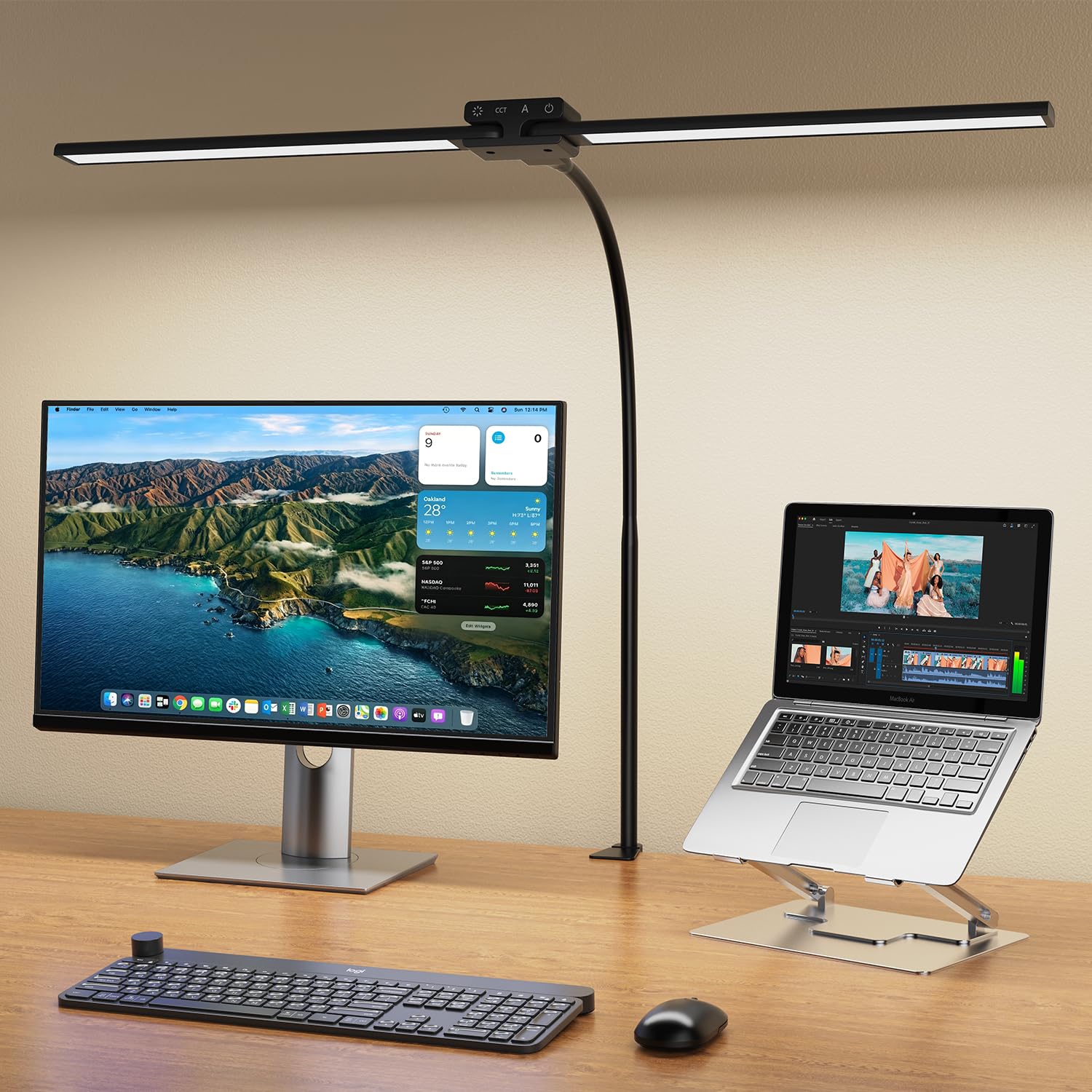 KableRika Lámpara de Escritorio LED Doble Cabeza 24W 80cm Negra | 1200 Lúmenes, Brazo Flexible con Pinza, 4 Temperaturas y 4 Niveles de Luminosidad, Protección Ocular, Teletrabajo y Pantallas