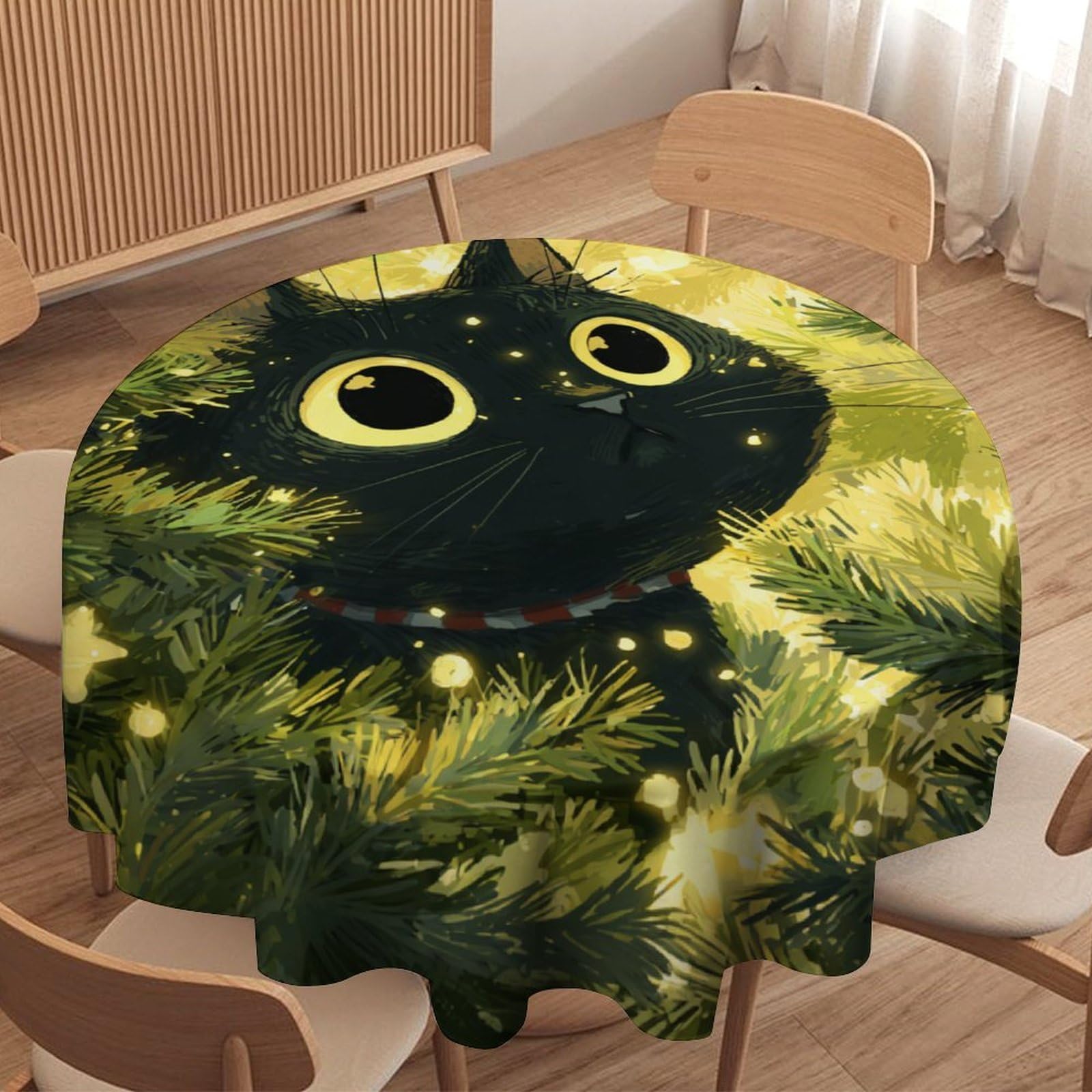 LUYYSKY Cute Abstract Animal Kitten Round Tablecloth Modern Vintage Merry Christmas Tree Japanese Black Cat Washable Decor for Table Cover for Kitchen-152.4" Wx152.4 L cm