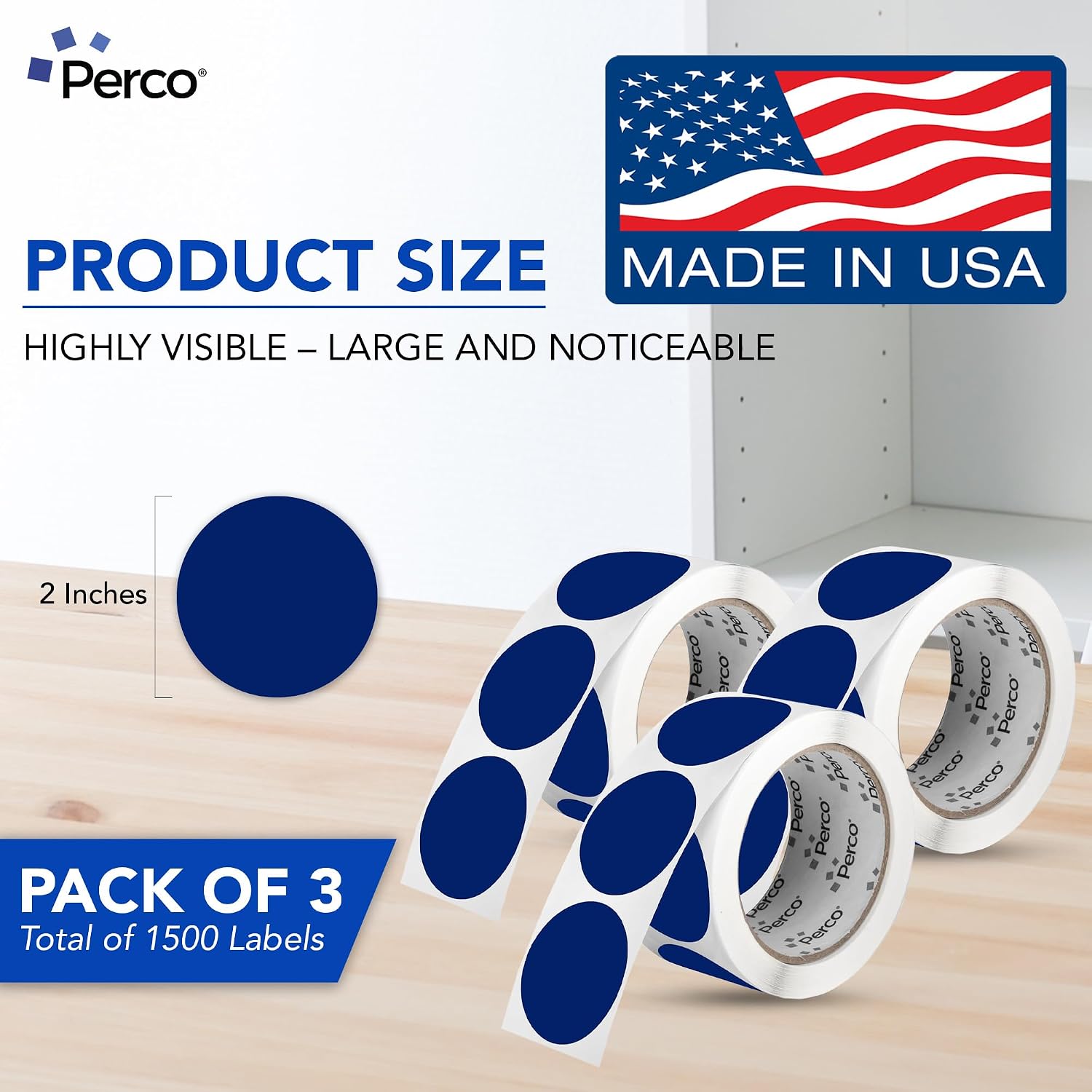 Perco Dark Blue Perforated Round Circle Dot Sticker 2-Inch Labels — 3 Rolls, 1,500 Stickers—Business Logos, Product Labels & Professional Organization, Strong Adhesive—Made in USA