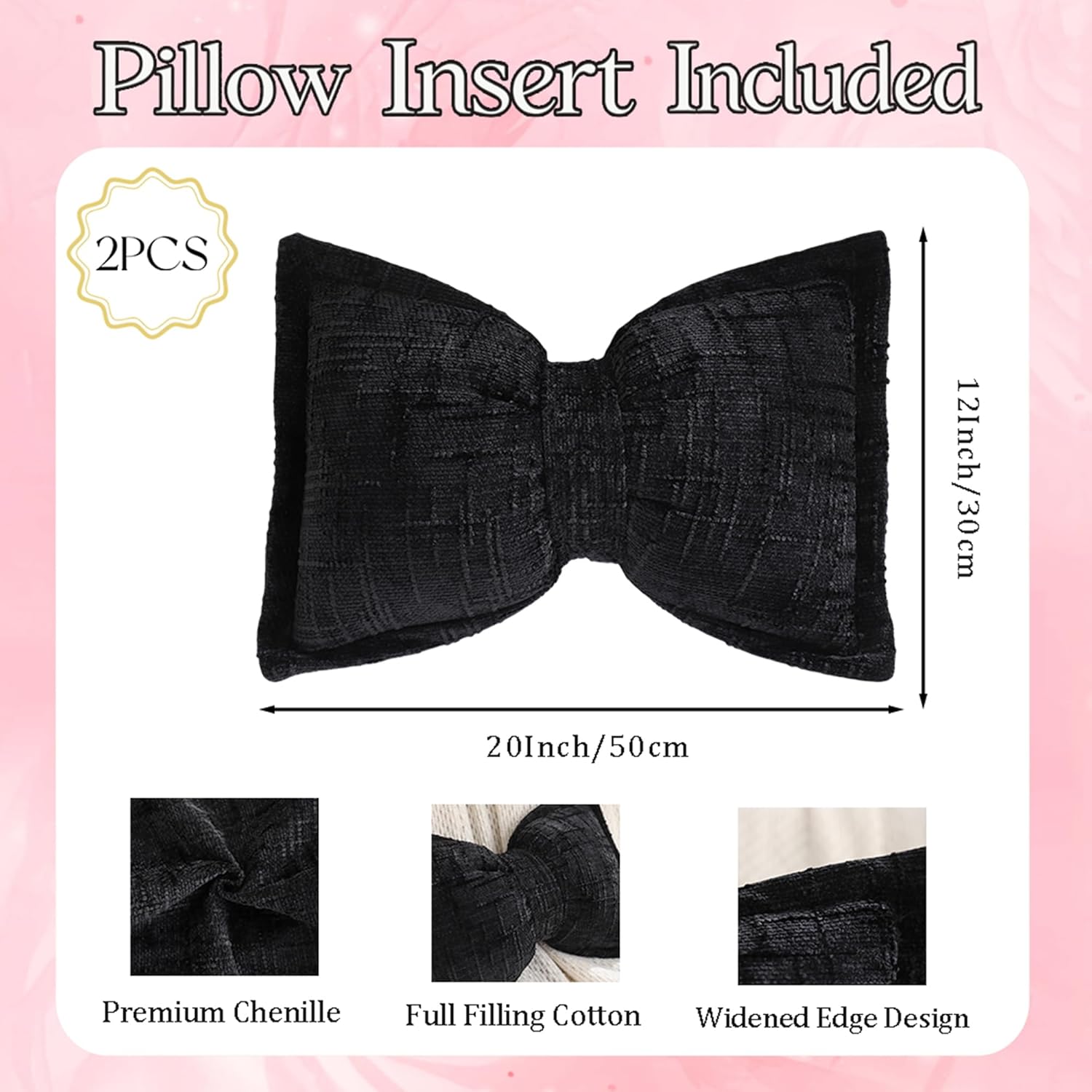 2Pcs Bow Pillow 12 x 20 Inch Boho Decorative Throw Pillows Chenille Textured Lumbar Pillows Large Bow Shaped Cushion for Bed Sofa Couch Living Room Bedroom Home Car Decor, Black
