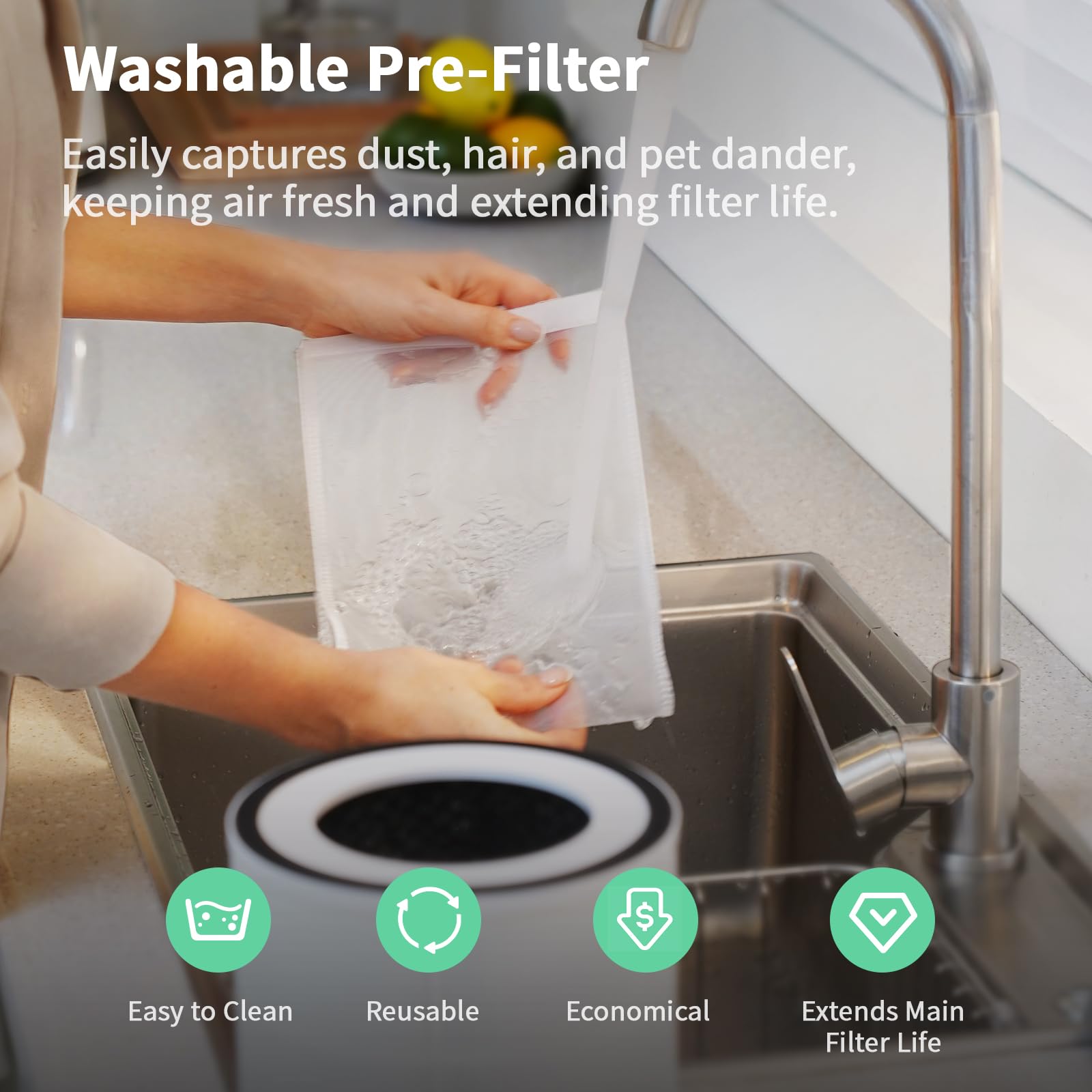 Purificador de aire para el hogar, filtro lavable 4 en 1 para alergias, cubre hasta 1076 pies cuadrados, funcionamiento silencioso, apagado automático y luz nocturna, elimina la caspa de 4