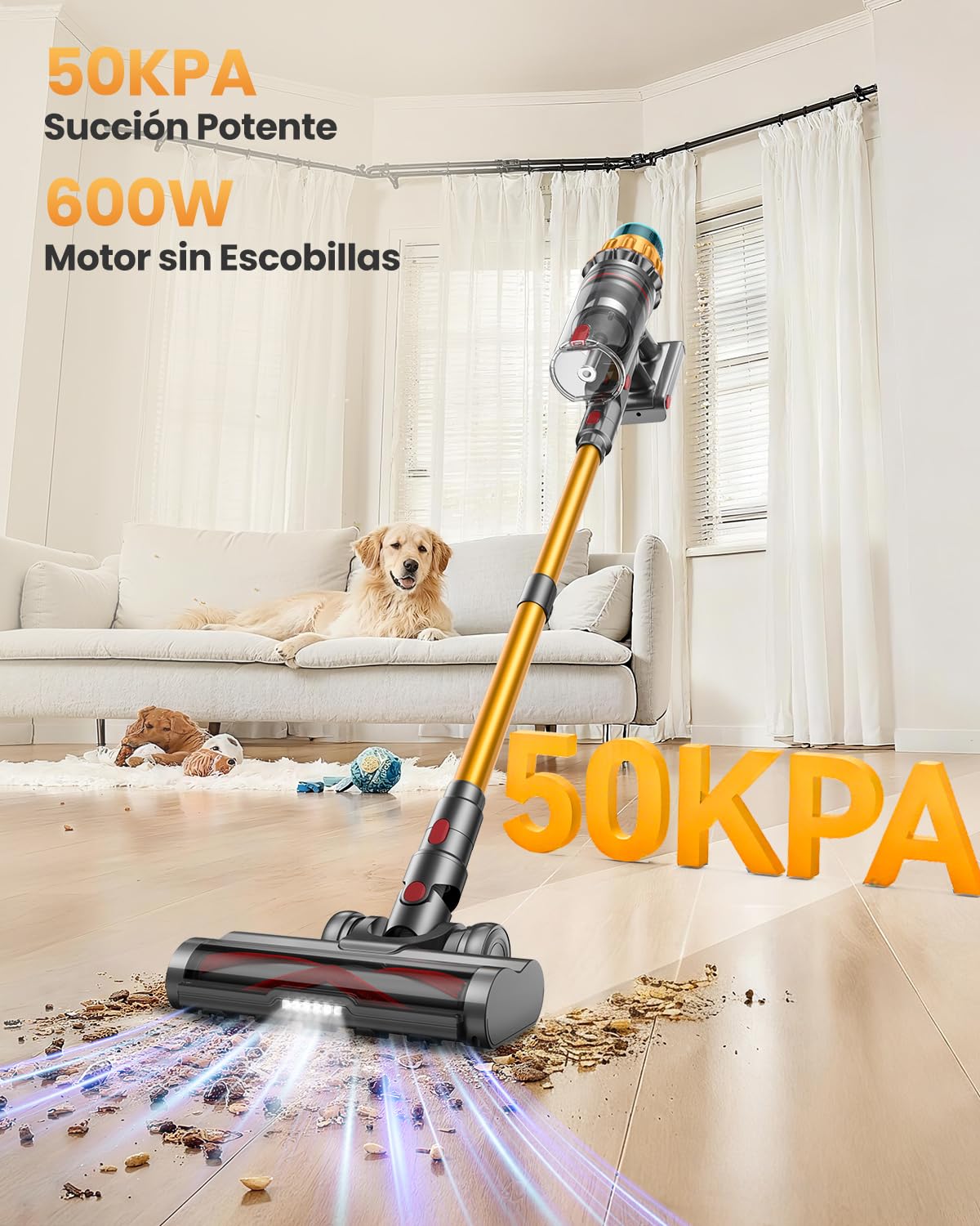 Aspiradora sin Cable para Pelos de Mascotas, 50kPa/600W Potente, 70Min Autonomía, Manguera 1M, Cepillo Antienredos, Autoportante, Aspirador Escoba Silenciosa para el Hogar, Perros y Gatos