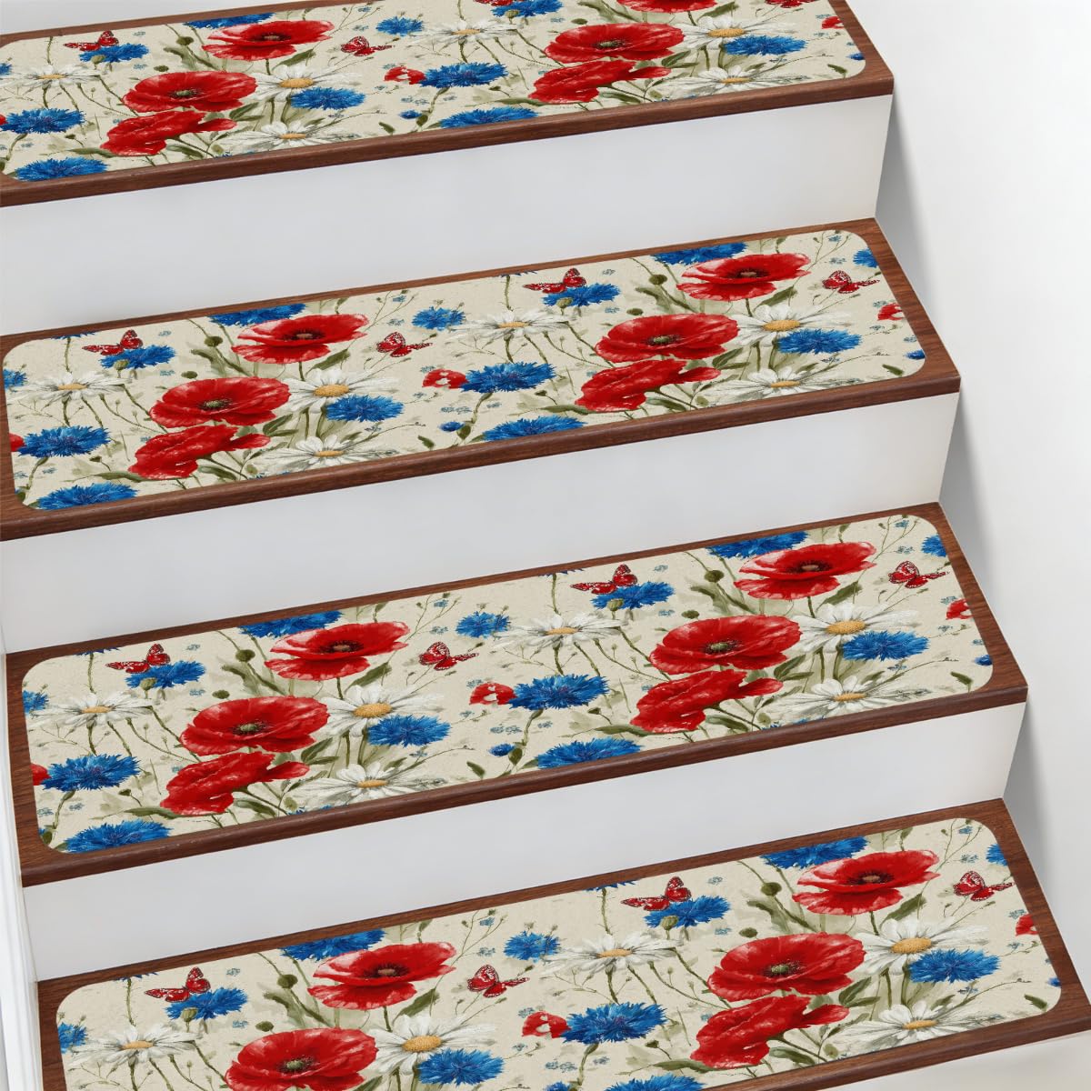 Alfombras para escaleras interiores de amapolas con base antideslizante para niños
