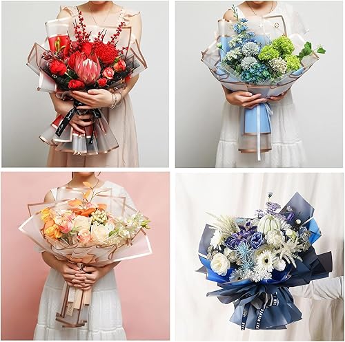 Miniatura 7 de 50 hojas de papel de regalo de flores de color puro, papel de regalo, ramo de floristería impermeable, con 2 cintas para ramos, manualidades, ramo