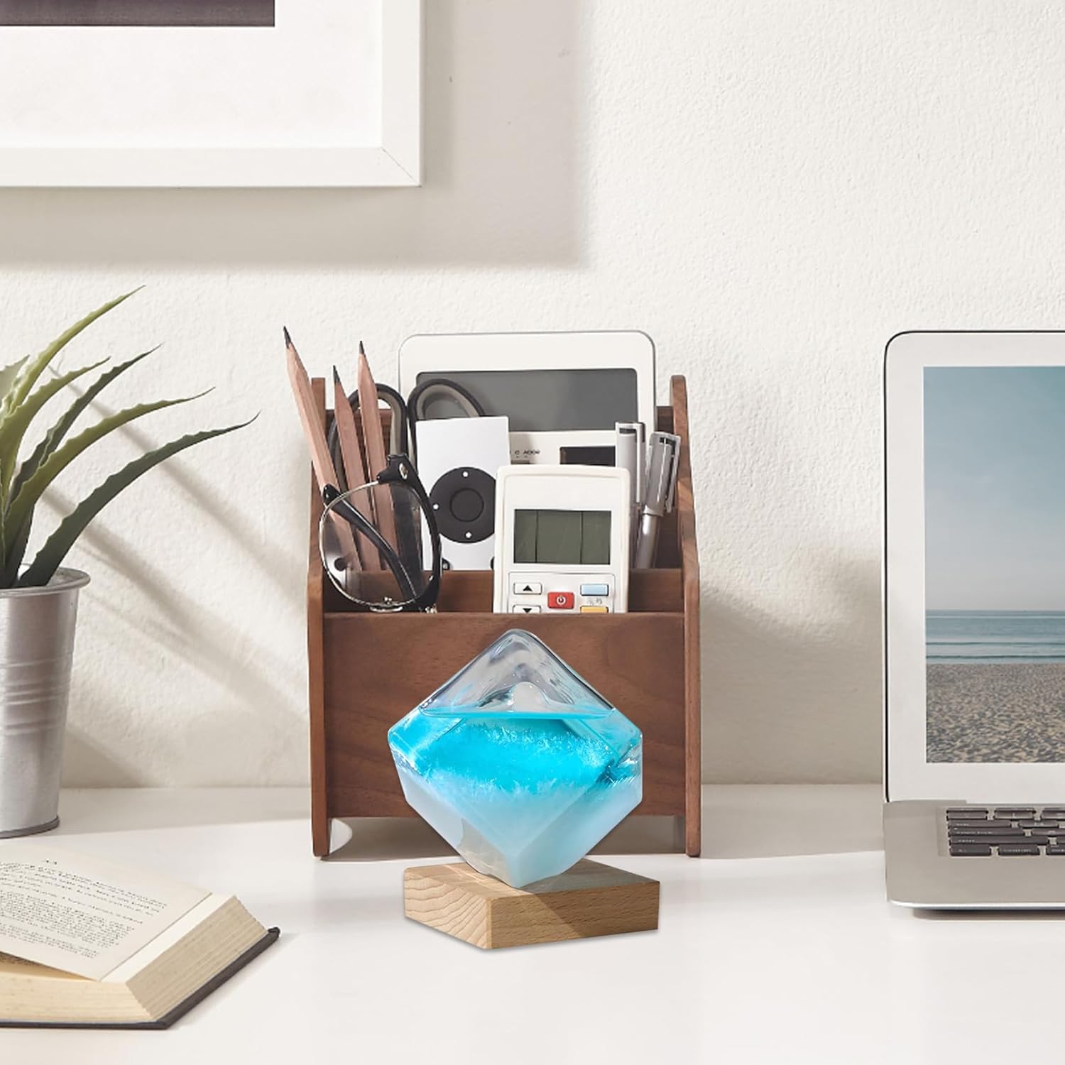 Storm Glass Weather Forecaster Crystal Blue Water Cube Storm Glass Weather Predictor with Wooden Base Creative Predicting Desktop Ornaments for Home Office Gift for Women Men