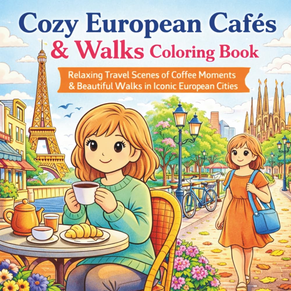Cozy European Cafés & Walks Coloring Book: Relaxing Travel Scenes of Coffee Moments & Beautiful Walks in Iconic European Cities for Adults and Teens