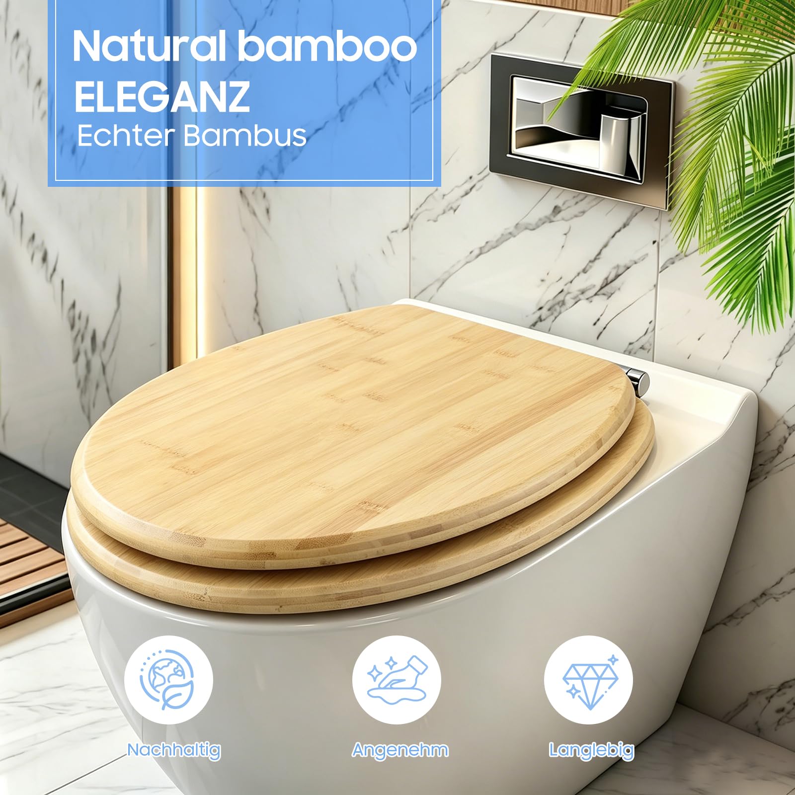 sanicomfort Asiento de inodoro de bambú con dispositivo de descenso automático para un cierre silencioso, cómodo y cálido, tapa de bambú macizo, soporta hasta 150 kg