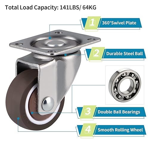 Miniatura 4 de Skelang Rueda giratoria de 1.25 pulgadas, rueda silenciosa de perfil bajo con freno para gabinete, mesa auxiliar, estante de maceta, 4 piezas