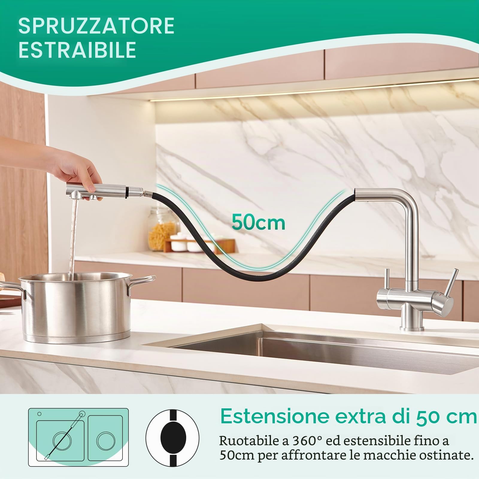 CREA Rubinetto a 3 vie con doccetta estraibile,Rubinetto per acqua potabile miscelatore per lavello girevole a 360°, rubinetto da cucina a doppio manico in acciaio inossidabile ad acqua 3 in 1