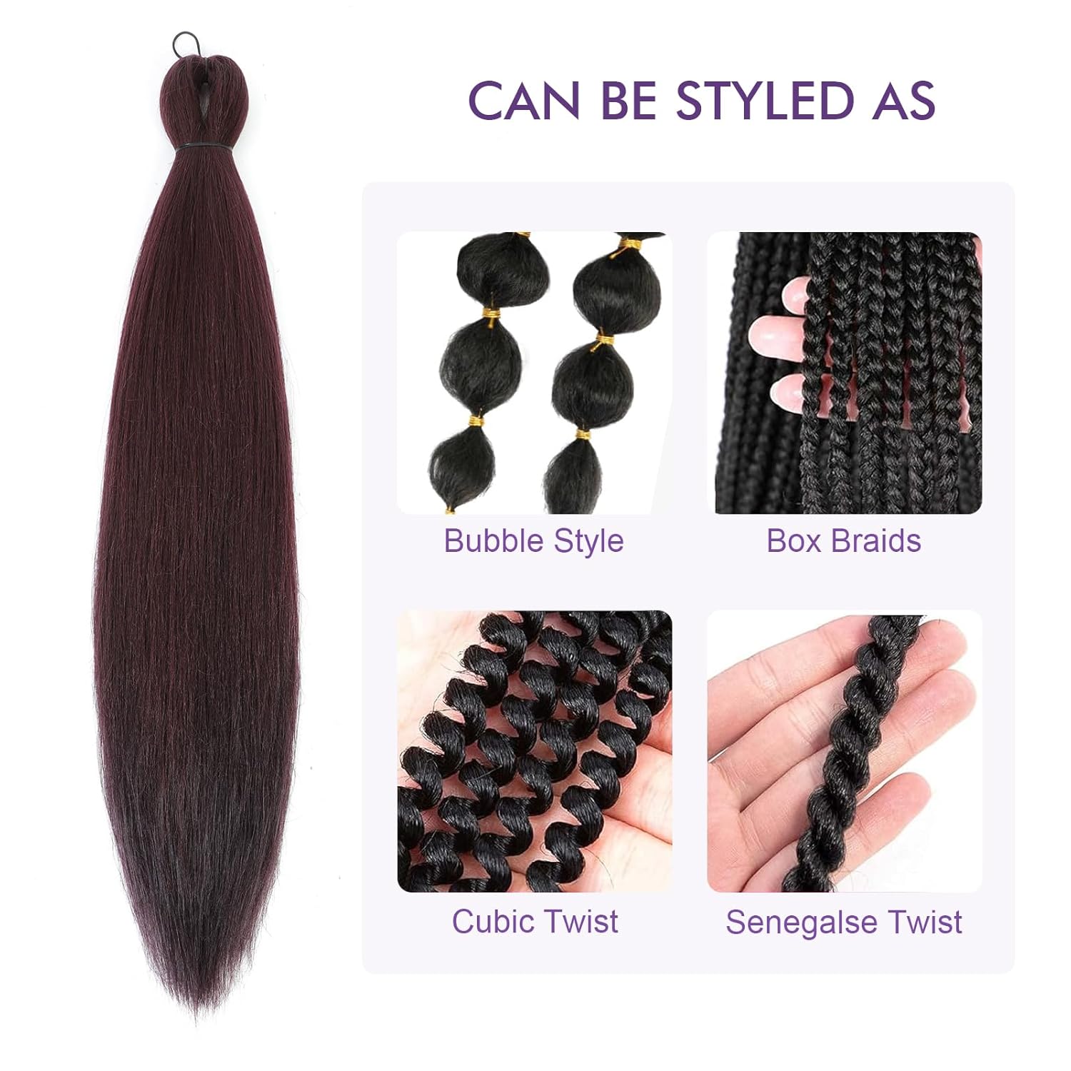 Pre-stretched Braiding Hair - 26 Inch 8 Packs Burgundy/Wine Red Braiding Hair For Twist or Box Braids, Yaki Texture Hot Water Setting Synthetic Long Braiding Hair Extensions (26 Inch, 99J-8P)
