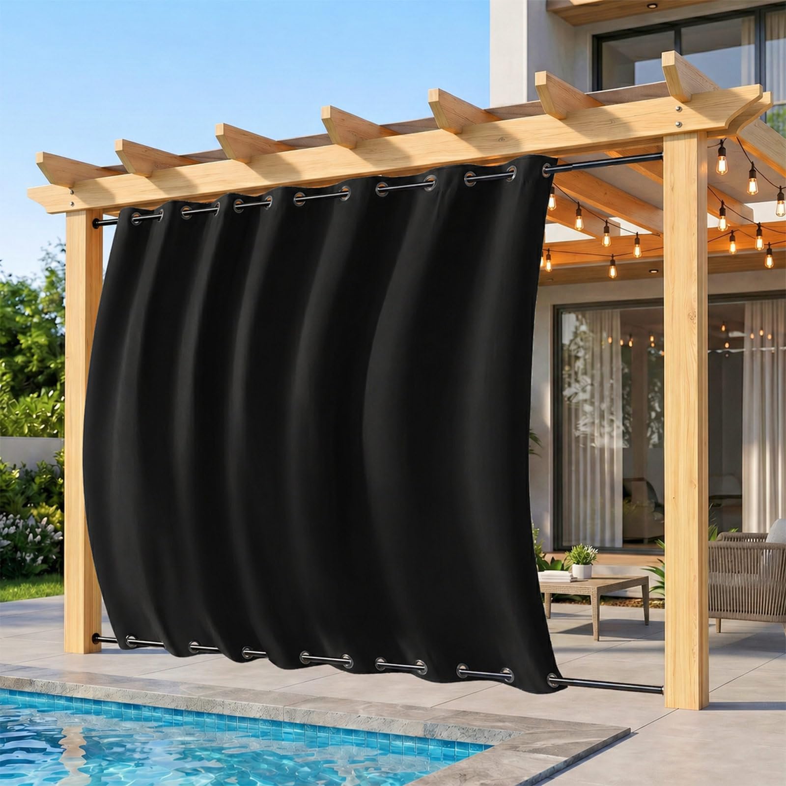 Rosnek Outdoor Curtain Waterproof, Windproof Extra Large Patio, Blackout Garden Gazebo Curtain with Top & Bottom Eyelets for Pergola, Porch & Balcony, 1 Panel, 100" W x 108" L, Black