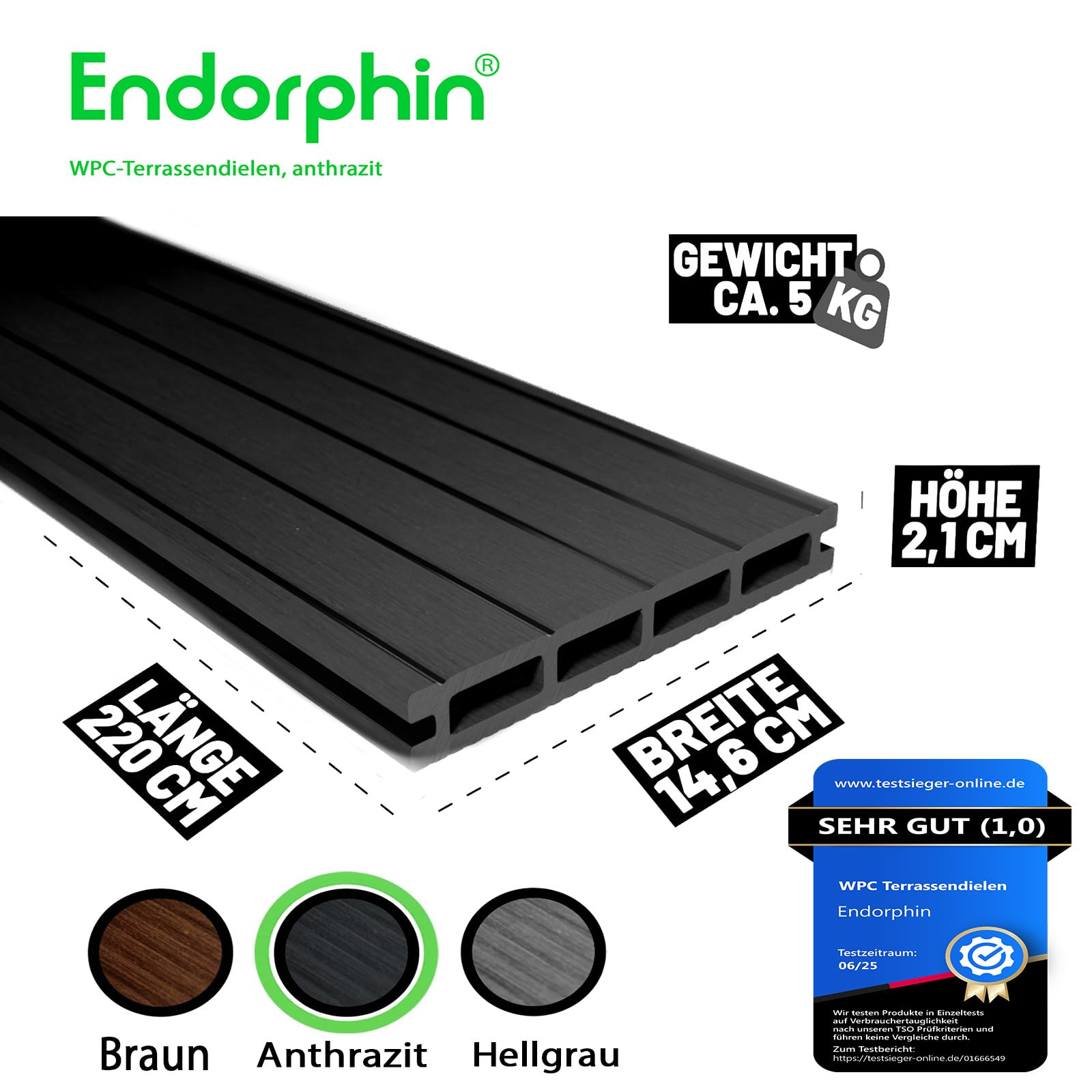 Endorphin® WPC Terrassendielen Komplettset 2-50m² Anthrazit - Mit Unterkonstruktion & Clips – WPC Dielen Wetterfest Pflegeleicht Dielenlänge 220cm (36qm)