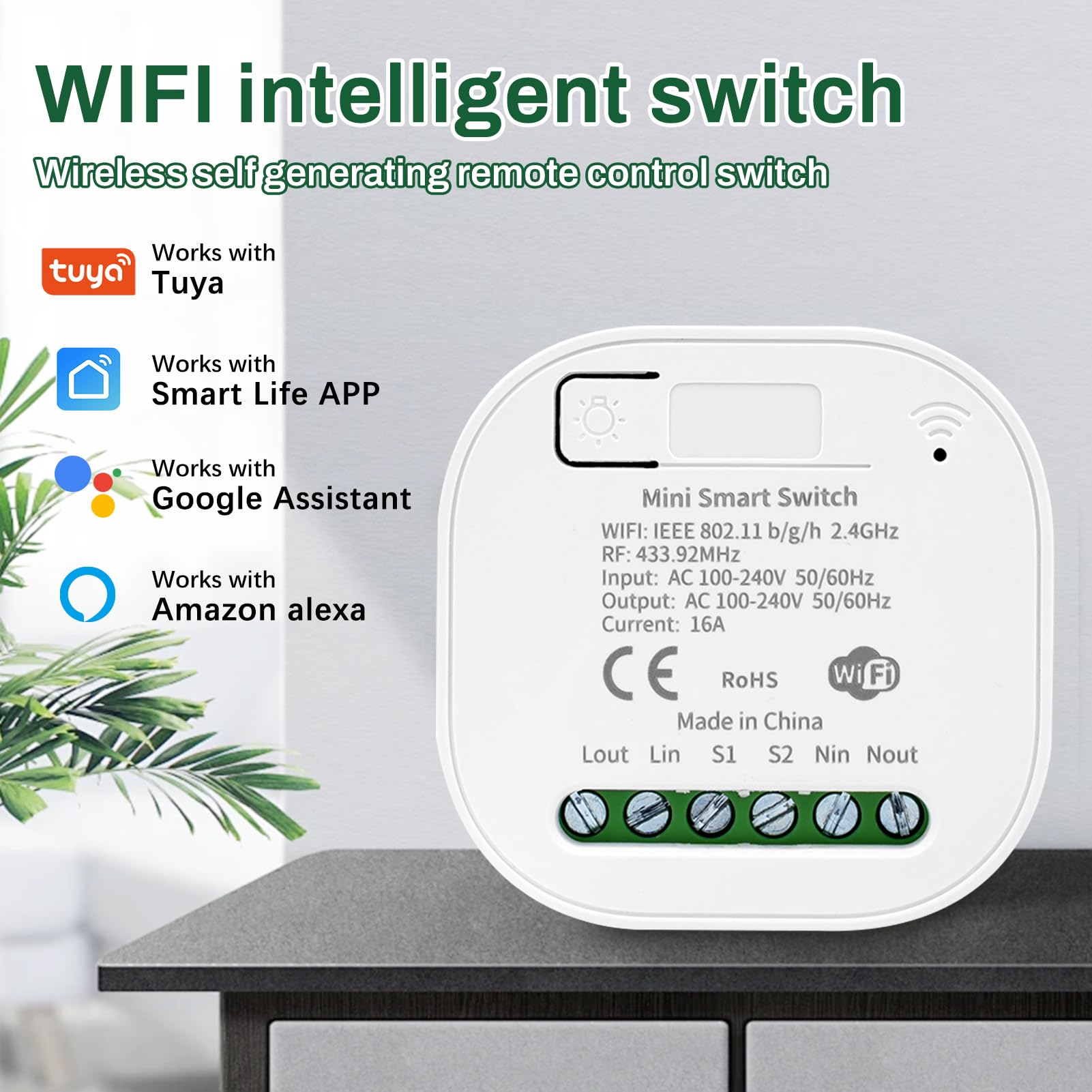 DEWIN Interruttore Wireless 16A 100-240V Interruttore Senza Fili Mini Smart Switch RF 433MHz,Compatibile Alexa/Google Home(2 Interruttori)
