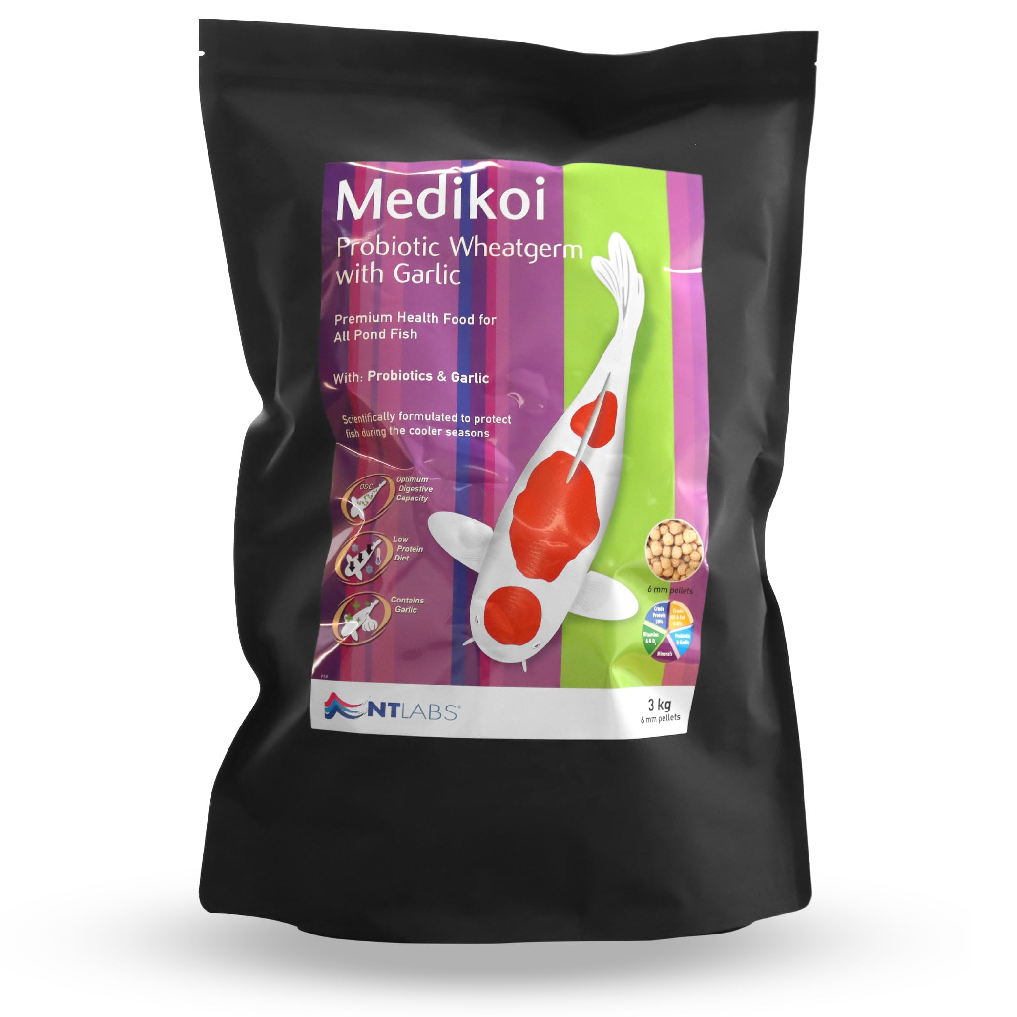 NT Labs Medikoi Probiotic Wheatgerm with Garlic, Feed For Pond Fish, For Winter Feeding, Rich in Probiotic Bacteria, Contains Garlic, Low Protein Feed, Maintains Immune System (6mm) (3 kg)