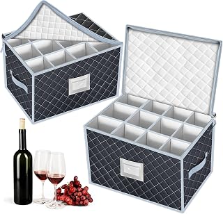 VERONLY Stemware Storage Cases - Holds 24 Wine Glass Storage or China Crystal Glassware Containers with Handles and Lable Window,Fully-Padded Inside with Hard Sides(15.5" x 12.5"x10")-Set of 2 Grey