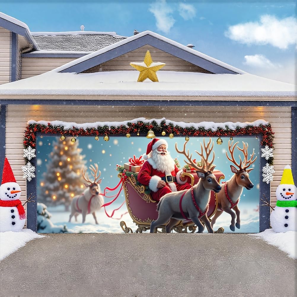 Zfflyh Reindeer Santa Claus Christmas Garage Door Cover Banner Decoration Large Backdrops Holiday Door Cover Mural For Christmas Decoration For Xmas Eve Holiday Outdoor Wall Decor,,6.5X5ft