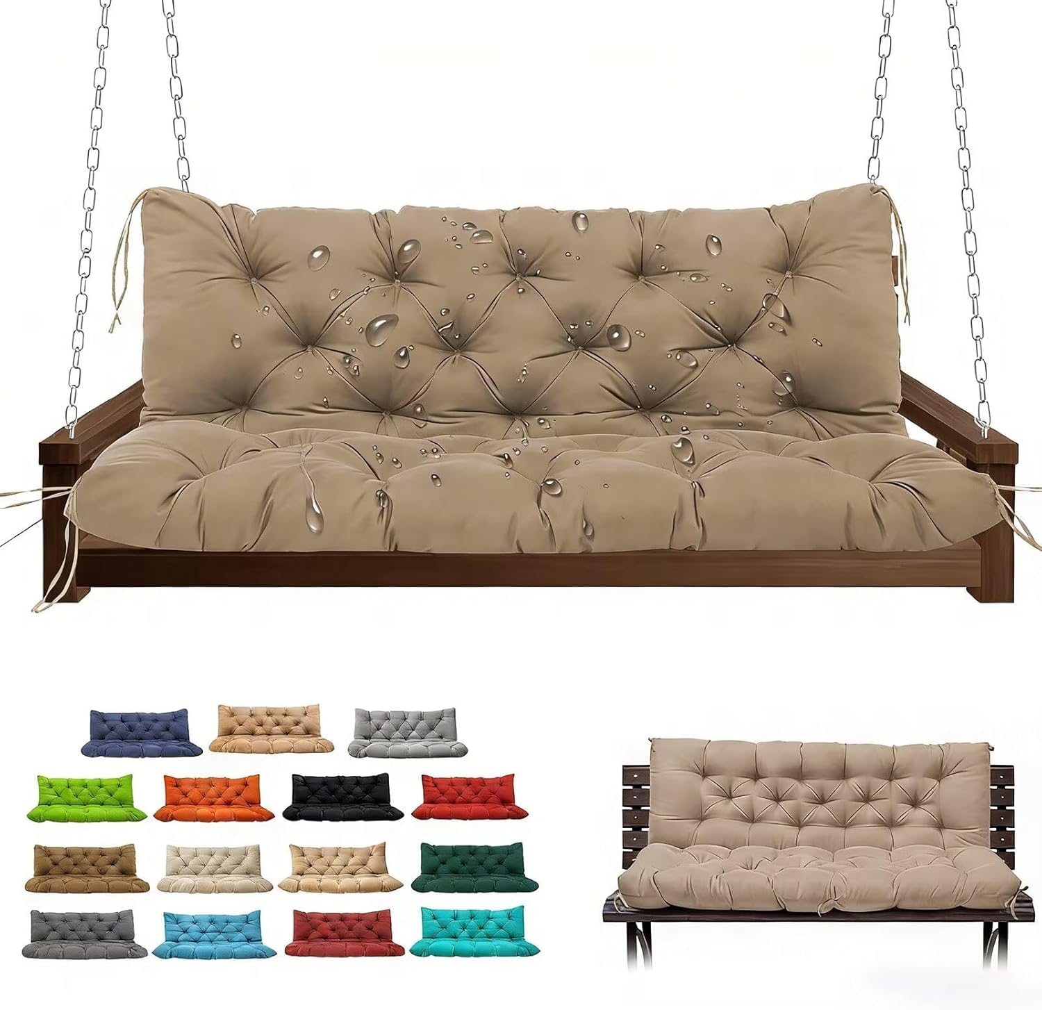 Garden Bench Cushions, 2-3 Seater Thick Waterproof Fabric Durable Comfortable Outdoor Indoor Seating Cushion with Convenient Ties Versatile for Patio Garden Porch Benches(Khaki 150x100cm)