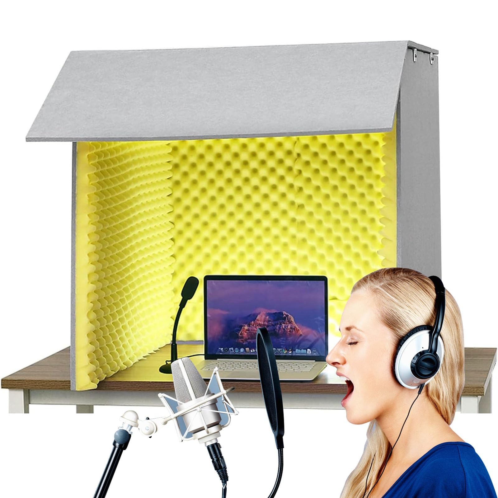 Dźwiękoszczelny sprzęt do nagrywania studyjnego 79 cm x 79 cm kabina izolacyjna osłona mikrofonu izolacja szumów pulpitu dla jakości studyjnej audio (żółty 80 x 80 x 80 cm)
