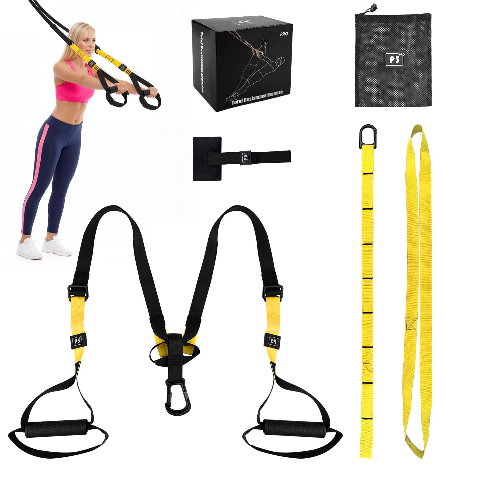 Kit per Allenamento a Sospensione, Allenamento in Sospensione con Ancoraggio per Porta, Sling Trainer Set, Fitness Da Casa, Outdoor Fitness Gym, per Indoor e Outdoor, Nero e Giallo
