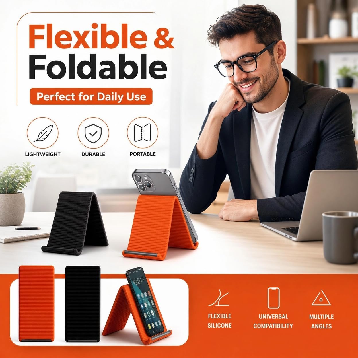 Flexible Silicone Phone Stand, Portable Adjustable Holder with Anti-Slip Design, Universal Desktop Phone Mount for Office and Travel