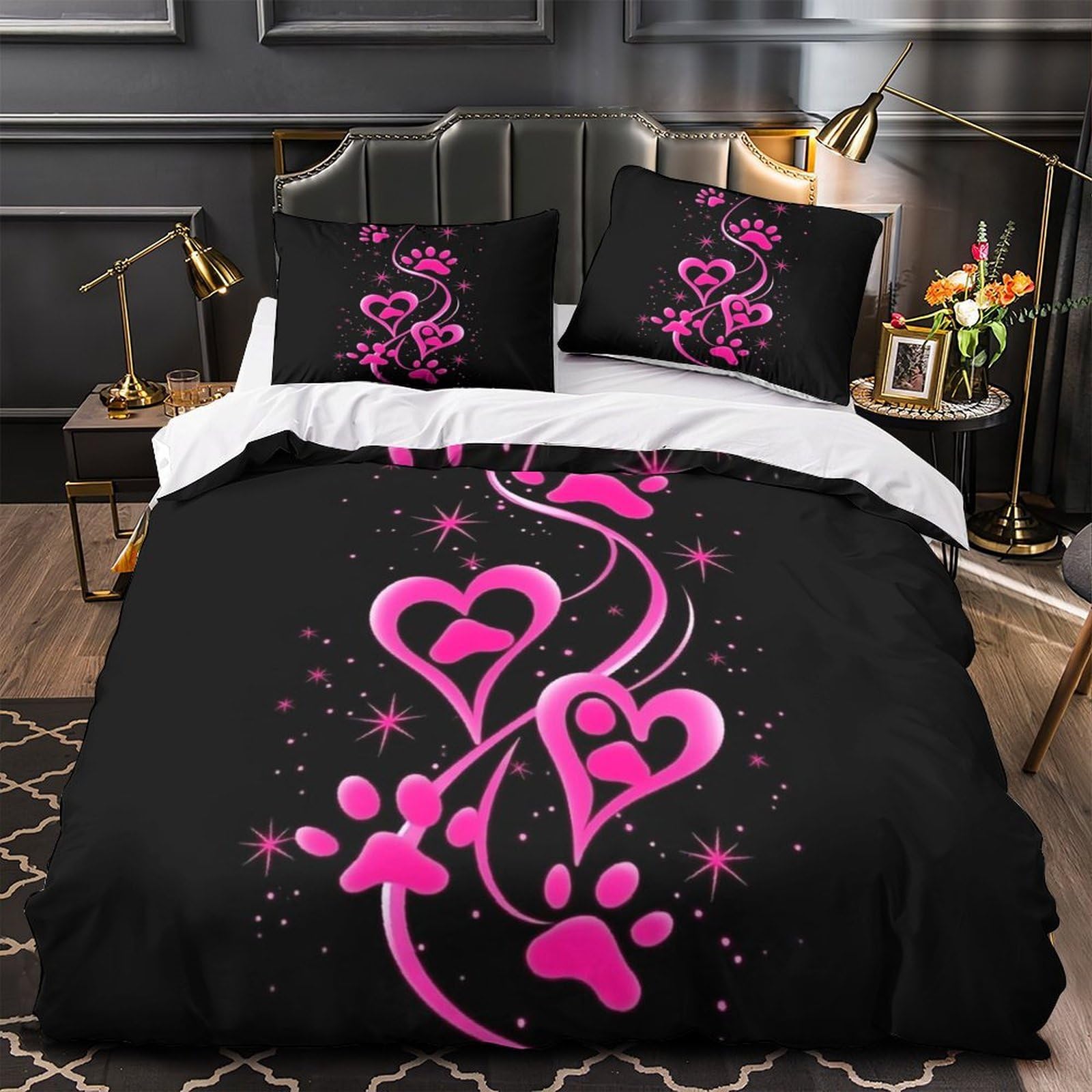 Parure de lit rose empreintes de pattes en microfibre douce et housse de couette 135x200cm