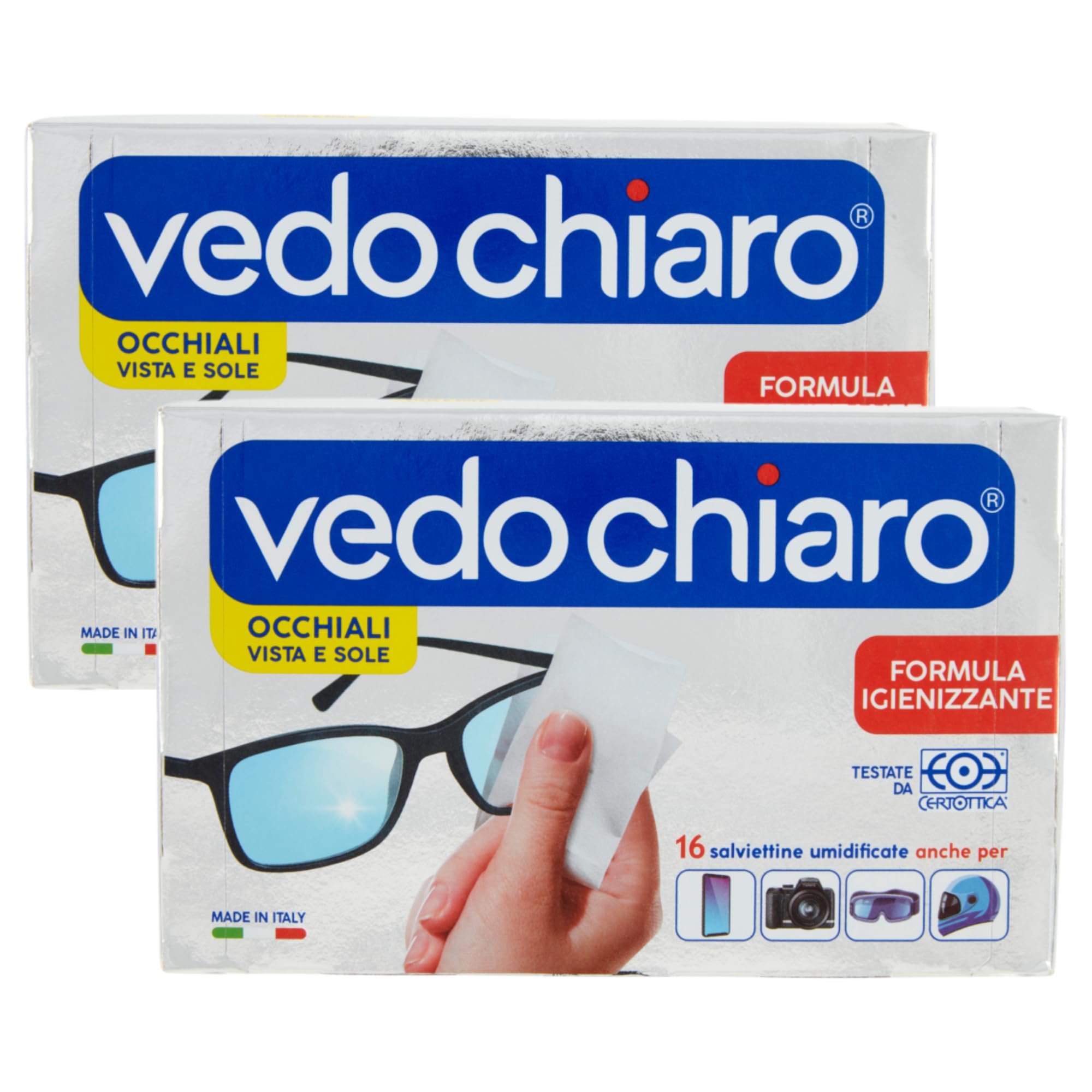 Vedo Chiaro 16 Salviettine Umidificate Monouso Studiate per la Pulizia delle Lenti degli Occhiali, da Vista e da Sole, degli Smartphone, dei Tablet e PC Portatili etc (2 CF da 16)