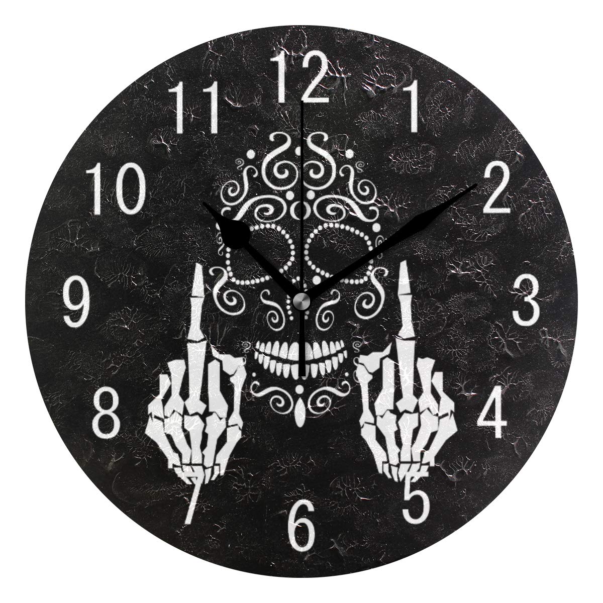 Use7 Home Decor Middle Finger Sugar Skull Black Round Acrylic Wall Clock Non Ticking Silent Clock Art for Living Room Kitchen Bedroom