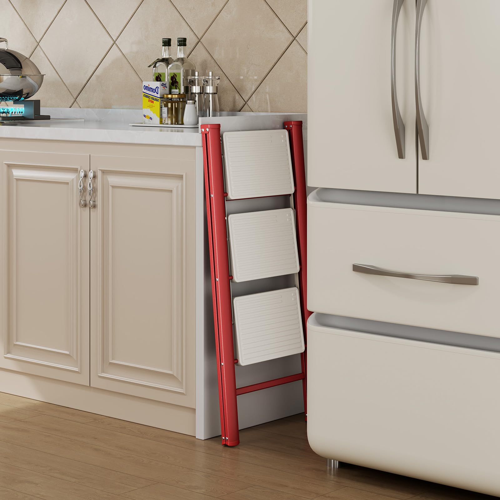 KINGRACK Escalera Plegable 3 peldaños sin barandilla, 150KG Rojo