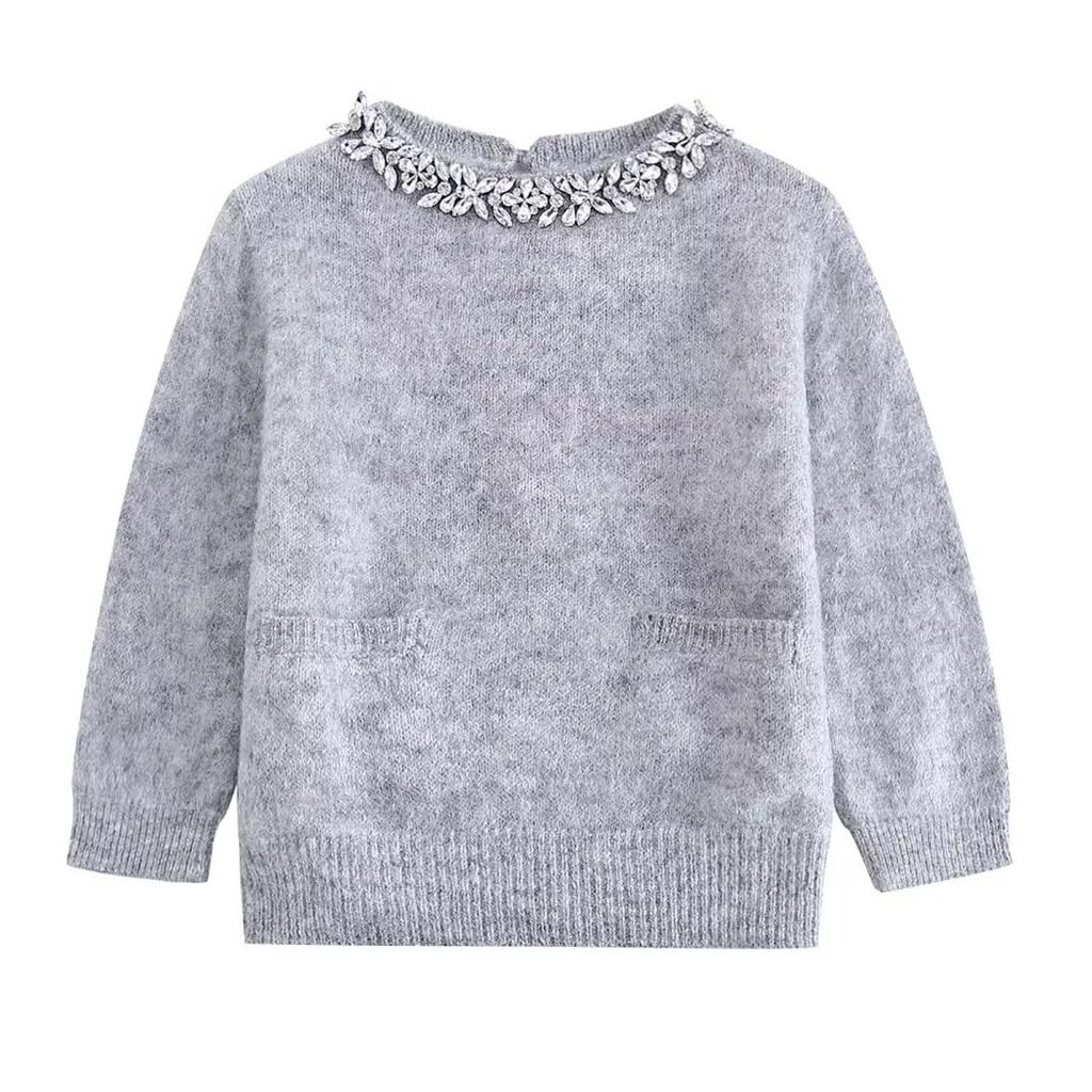 Spring Womens Solid Color Slim Fit Pocket Jeweled Embellished Neckline Knit Sweater