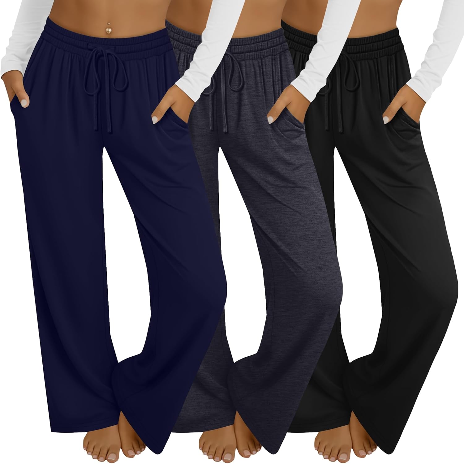3 Pack Women's Wide Leg Yoga Pants, Casual Drawstring Sweatpants Elastic Waist Loose Lounge Pants with Pockets