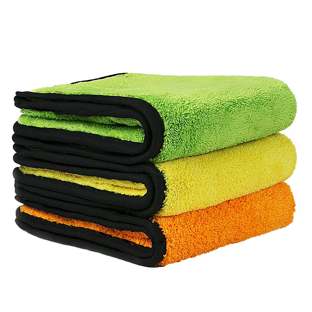 3 pezzi Panni Microfibra Doppio Lato per Asciugatura Auto Arancione Verde Giallo Adatti per Pulizia Sedili e Superfici Delicate Assorbenti Pelucchi