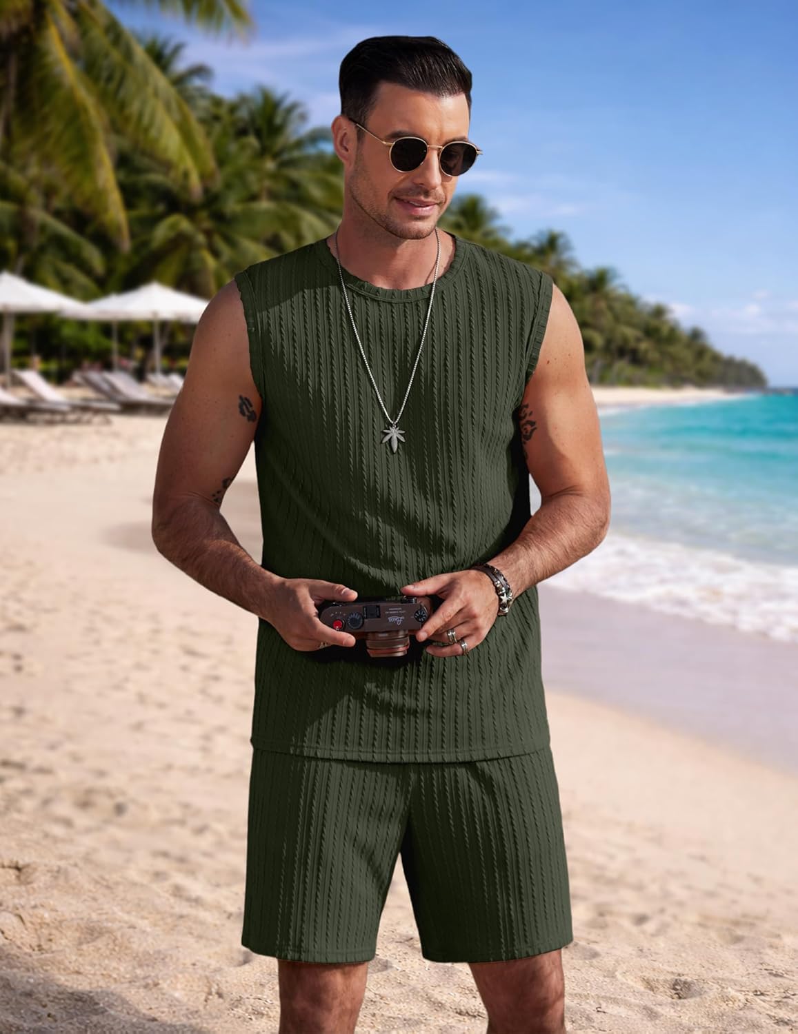 COOFANDY Men's 2 Piece Outfits Beach Knit Jacquard Sleeveless Shirt and Shorts Sets Summer Athletic Vacation Set - Image 4