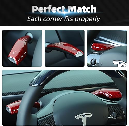 Miniatura 5 de Leeiion Tesla Model 3Y - Cubierta de palanca de cambios de fibra de carbono real, 2 piezas para accesorios interiores 2017-2023 modelo 3Y (rojo)