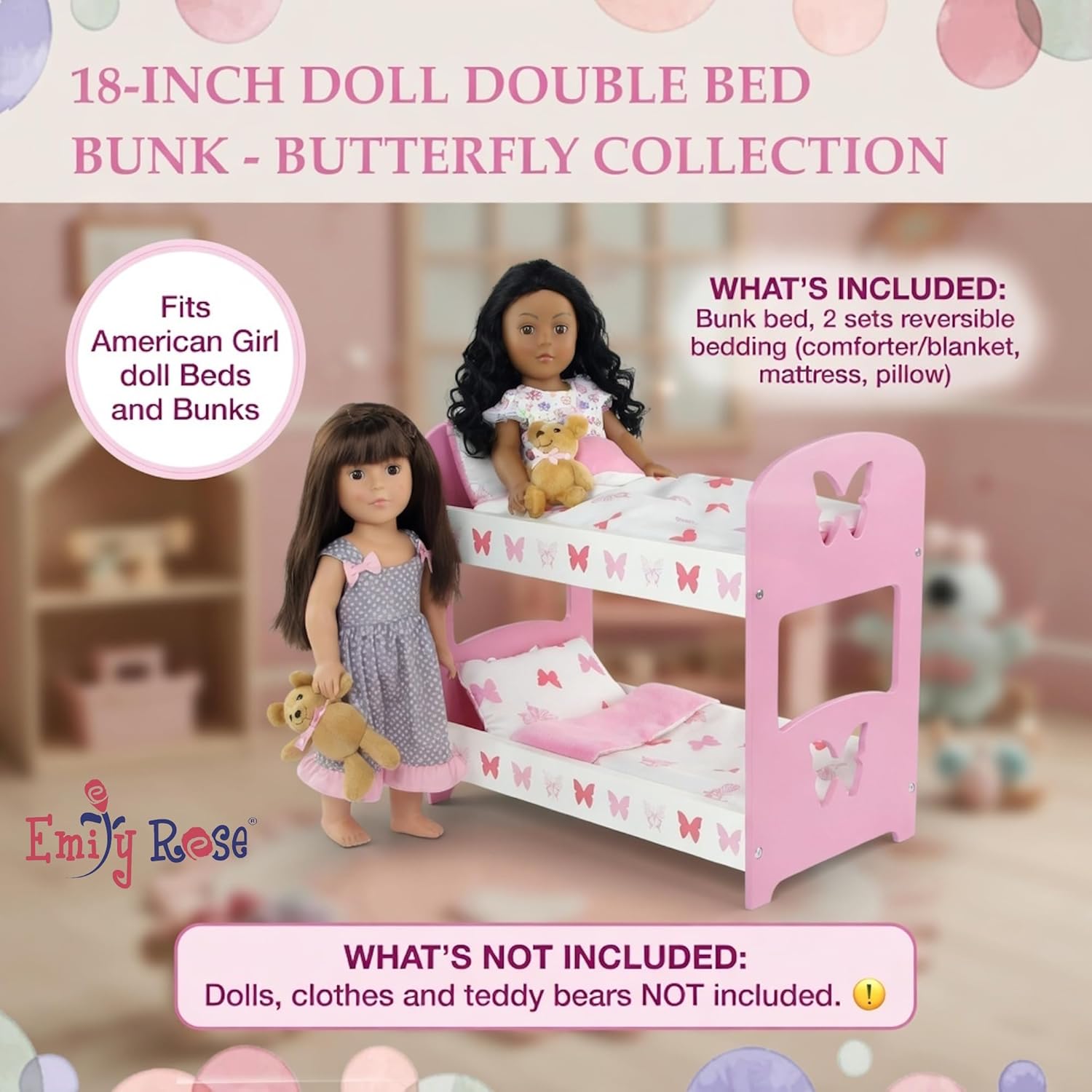 Emily Rose 18 Inch Doll Double Bunk Bed – Butterfly Collection Wooden Furniture with 2 Reversible Bedding Sets – Low-Profile No Ladder Design Fits American Girl Dolls