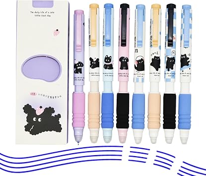 Maydahui 8 Pcs Erasable Blue Ink Black Cat and Dog Pens 0.5mm Kawaii Kitten Puppy Gel Pens Mistake Free Writing Soft Sponge Grip For Pet Lovers School Office Supplies