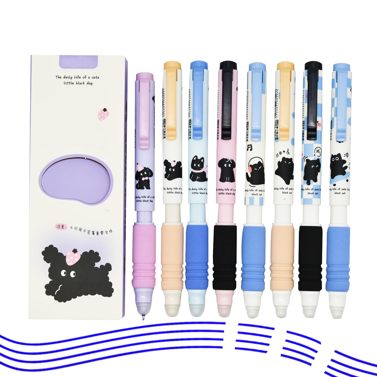Maydahui 8 Pcs Erasable Blue Ink Black Cat and Dog Pens 0.5mm Kawaii Kitten Puppy Gel Pens Mistake Free Writing Soft Sponge Grip For Pet Lovers School