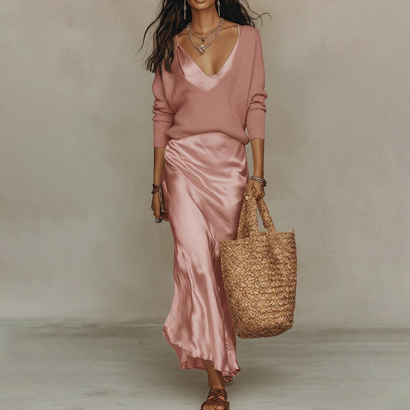 Robe midi en satin Deman sans manches avec col en V profond