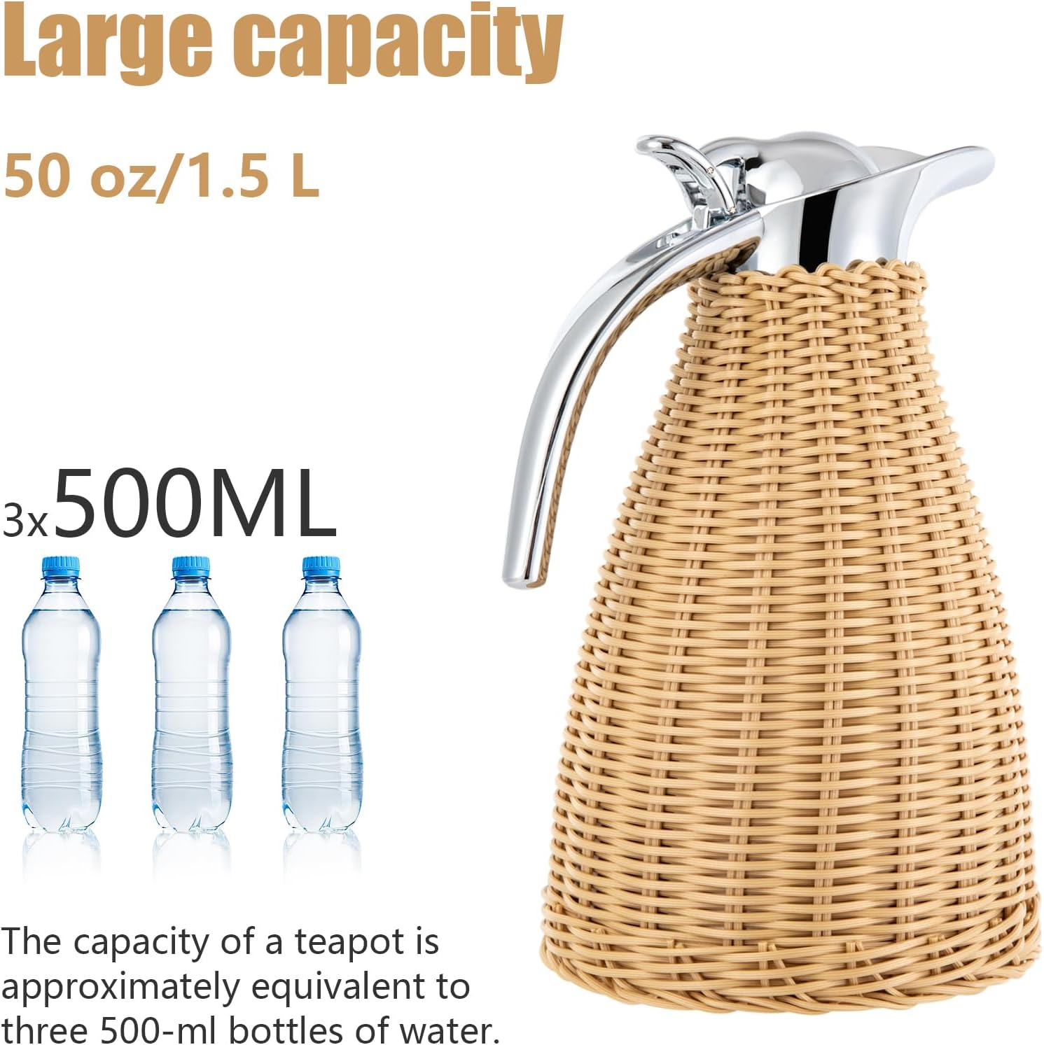 Stainless Steel Coffee Thermal Carafe, 50 Oz/1.5 L Woven Rattan Insulated Coffee Carafe Double Walled Vacuum Insualted 20 Hour Heat Cold Retention (Natural)