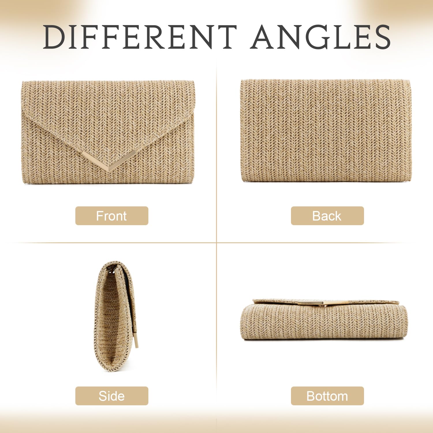 LHHMZ Pochette en paille pour femme Pochette en rotin et raphia Sac à main de plage tissé Pochette de fête de voyage de mariage