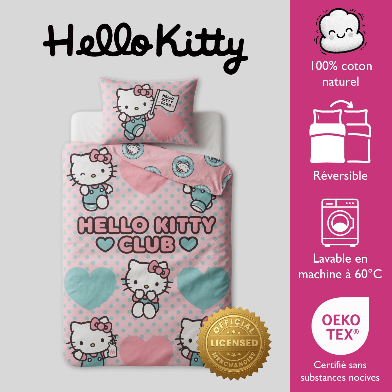 Hello Kitty Club Housse de Couette Bébé 100x135 + Taie 40x60 Rose Bleu | Parure de lit bébé réversible | Coton naturel doux respirant Oeko-Tex | Sanrio | Fille 0-3 ans | Lit à barreaux