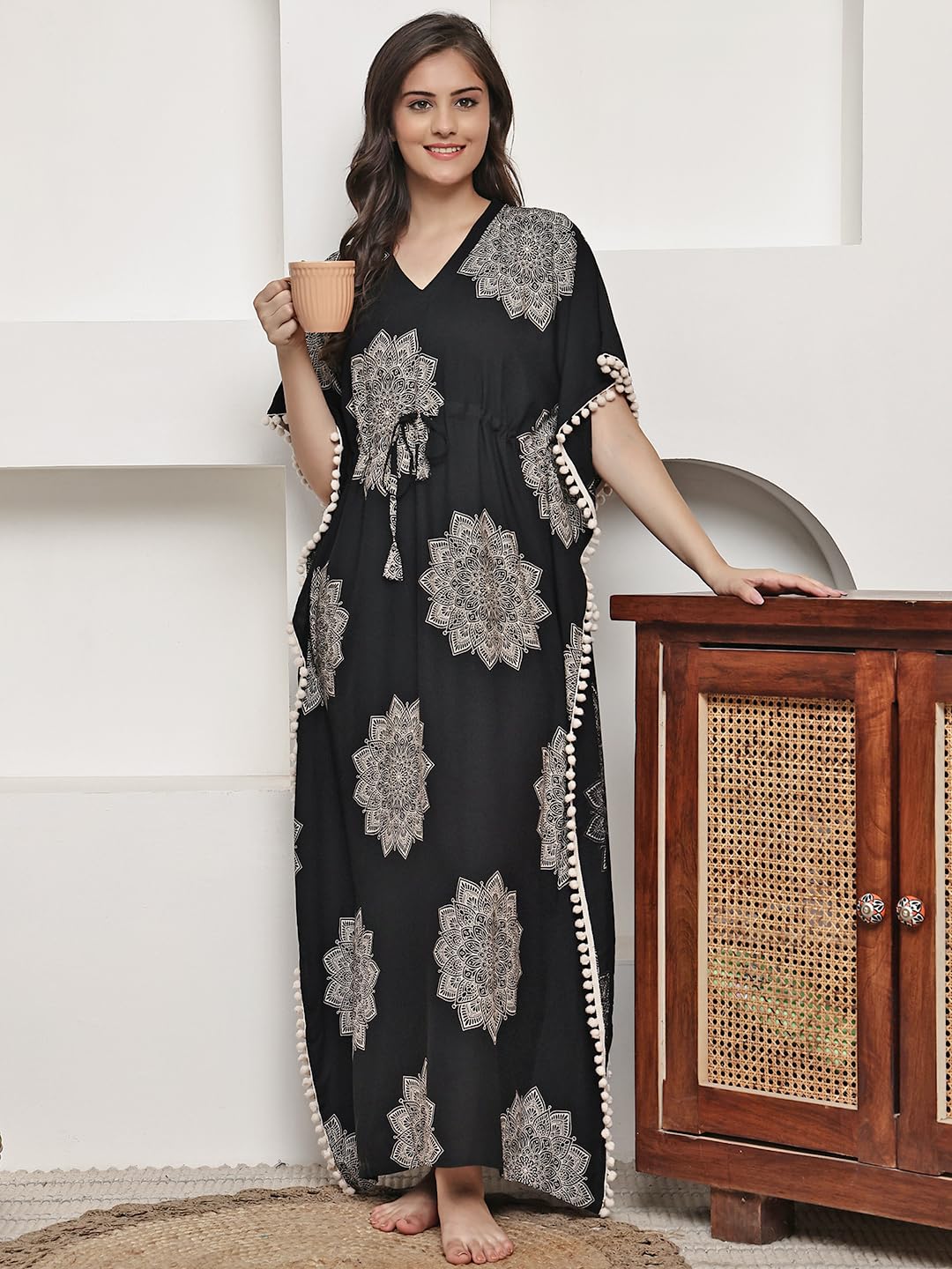 Women's Black Kaftan Maxi Dress with Mandala Print and Pom Pom Trim, V-Neck 3