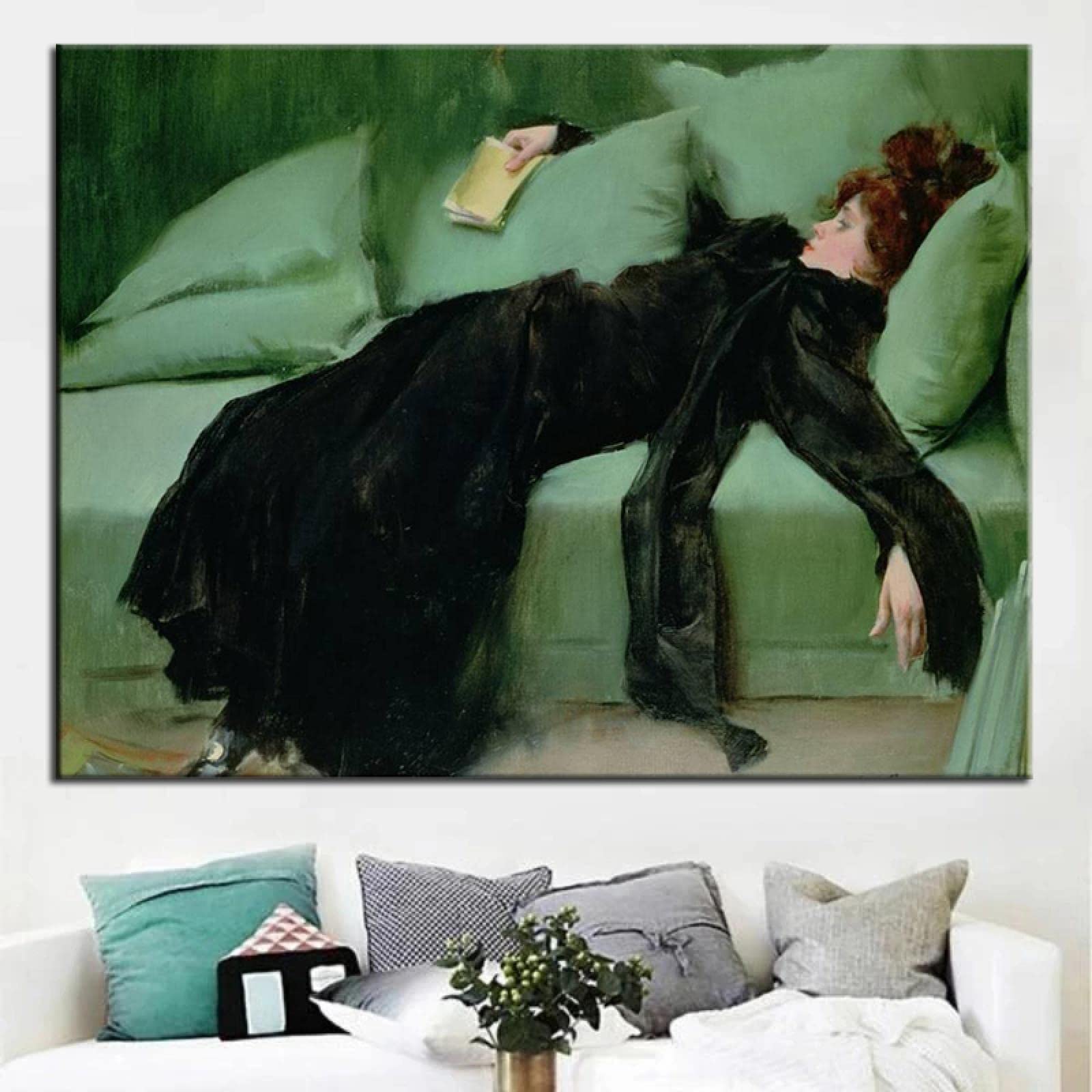 一点物 油絵 緑 女性 黒 キャンバス