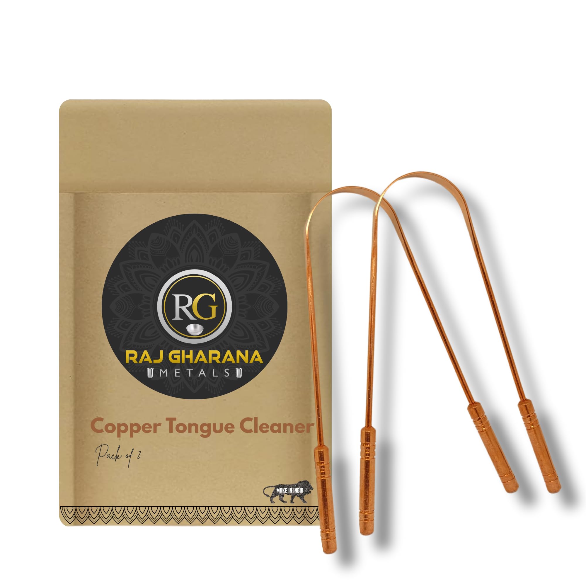 Limpiador de lengua de cobre, paquete de 2. Reduce el mal aliento, la carga bacteriana, favorece la salud digestiva, borde ancho y suave, mango flexible antideslizante, fácil y seguro de usar, de Raj Gharana Metals.